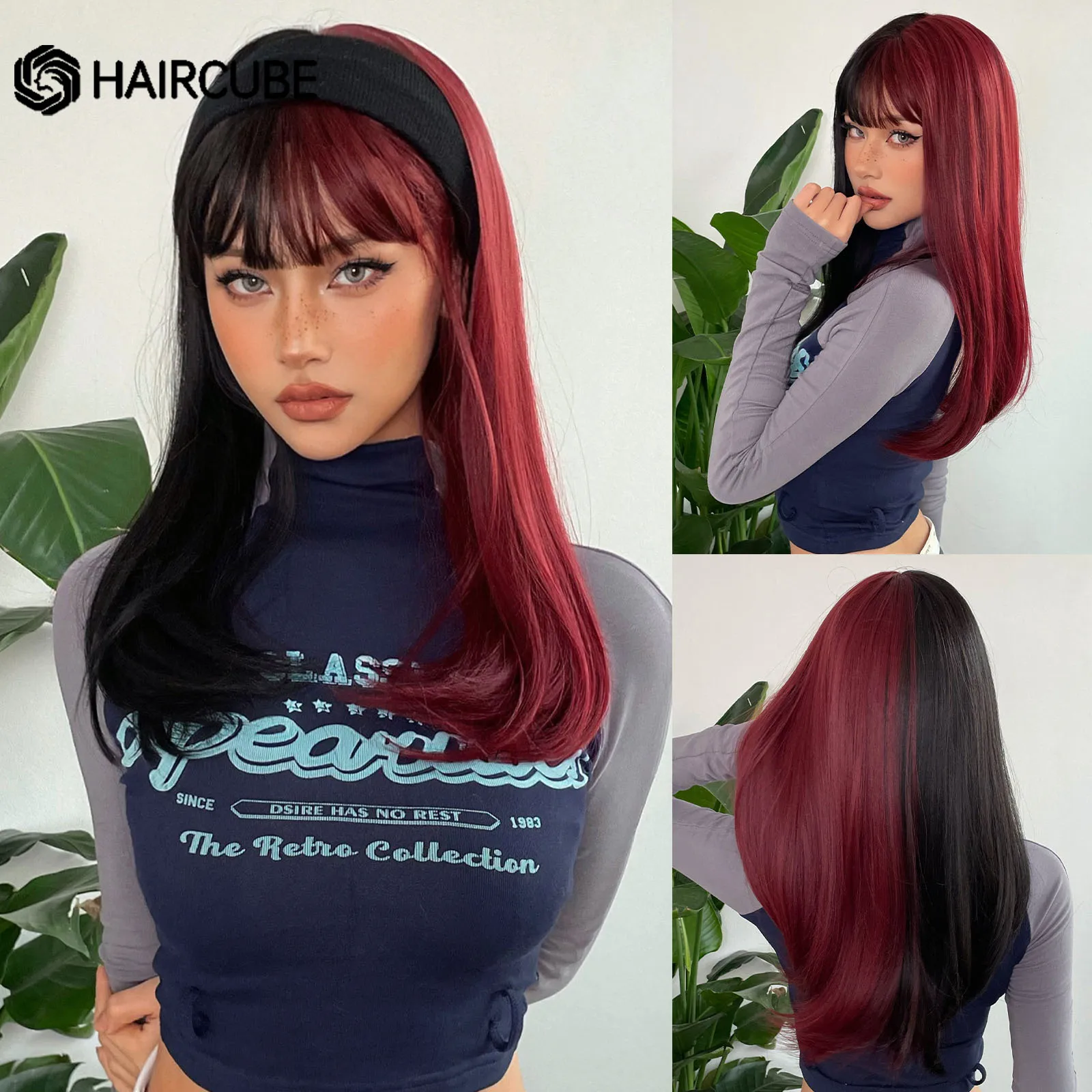

HAIRCUBE Long Black And Red Straight Synthetic Wig With Bangs for Women Two Tone Wig Heat Resistant Daily Cosplay Hair Wig