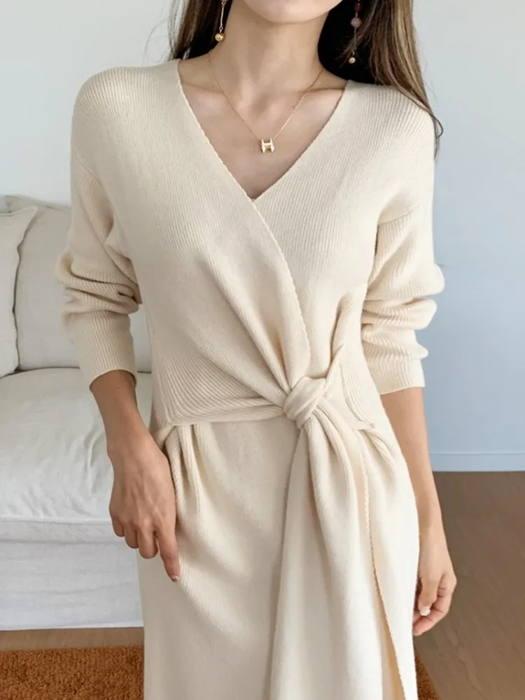 

2022 New Quality High Waist Sweater Dress Female Elegant Bandage Chic Runway Fashion Lady Autumn Winter Knitting Dresses