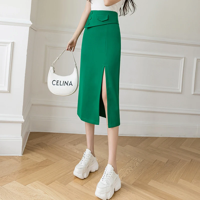 

New Women Suit Skirt Summer Elegant Fashion Asymmetric High Waist Split Thin Skirt Generous Slim A-Line Hip Wrap Skirt Green