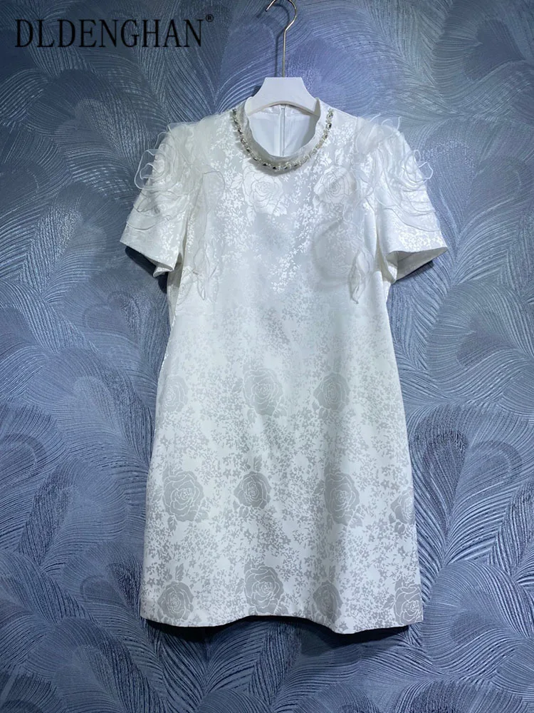 

DLDENGHAN Spring Summer Jacquard Dress Women Crystal Stand Collar Ruffle Short Sleeve Vintage Mini Dress Fashion Runway New