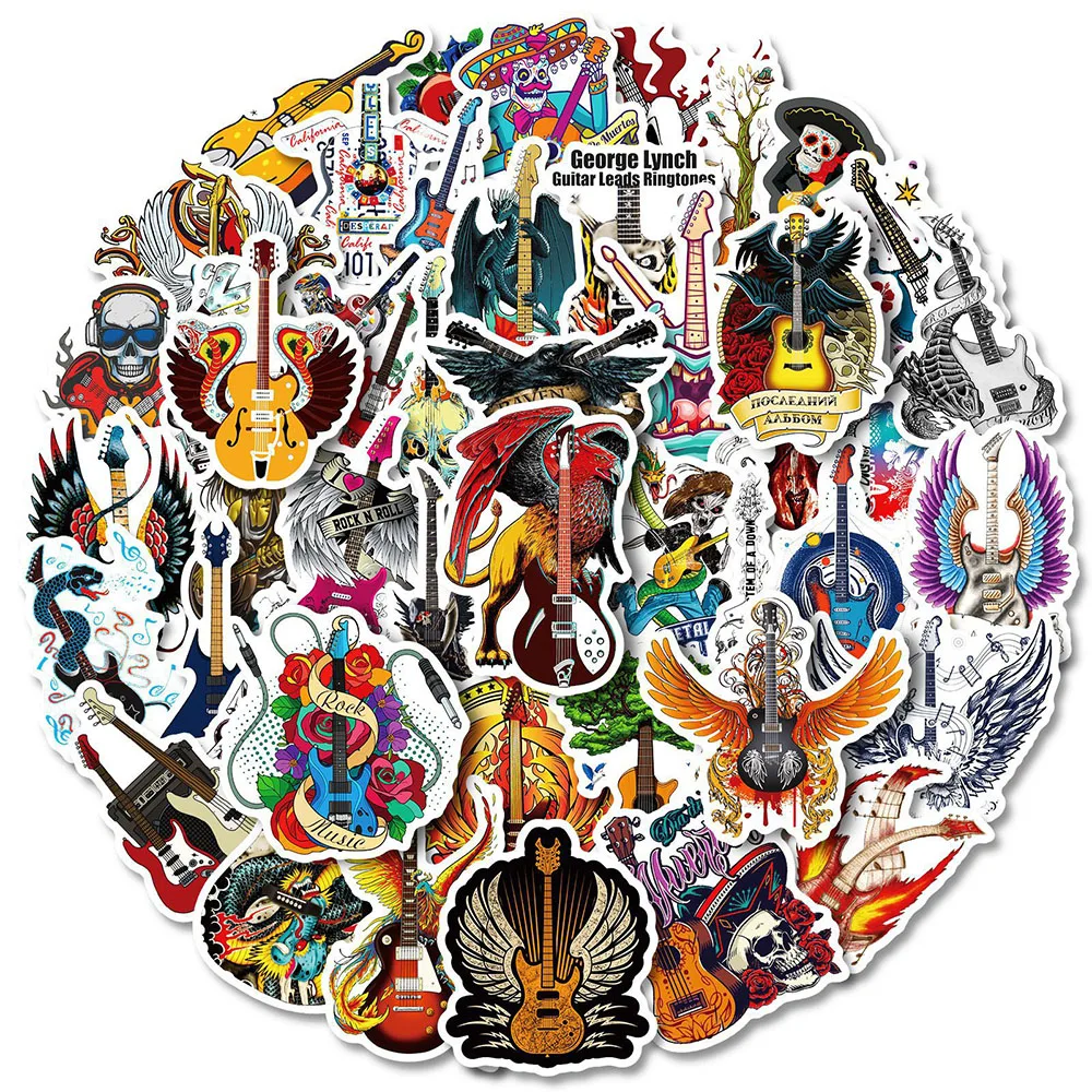 

50Pcs Rock Instrument Stickers Cartoon Guitar Sticker Decal Graffiti Fridge Skateboard Luggage Guitar Laptop Phone Diy Kid Toy