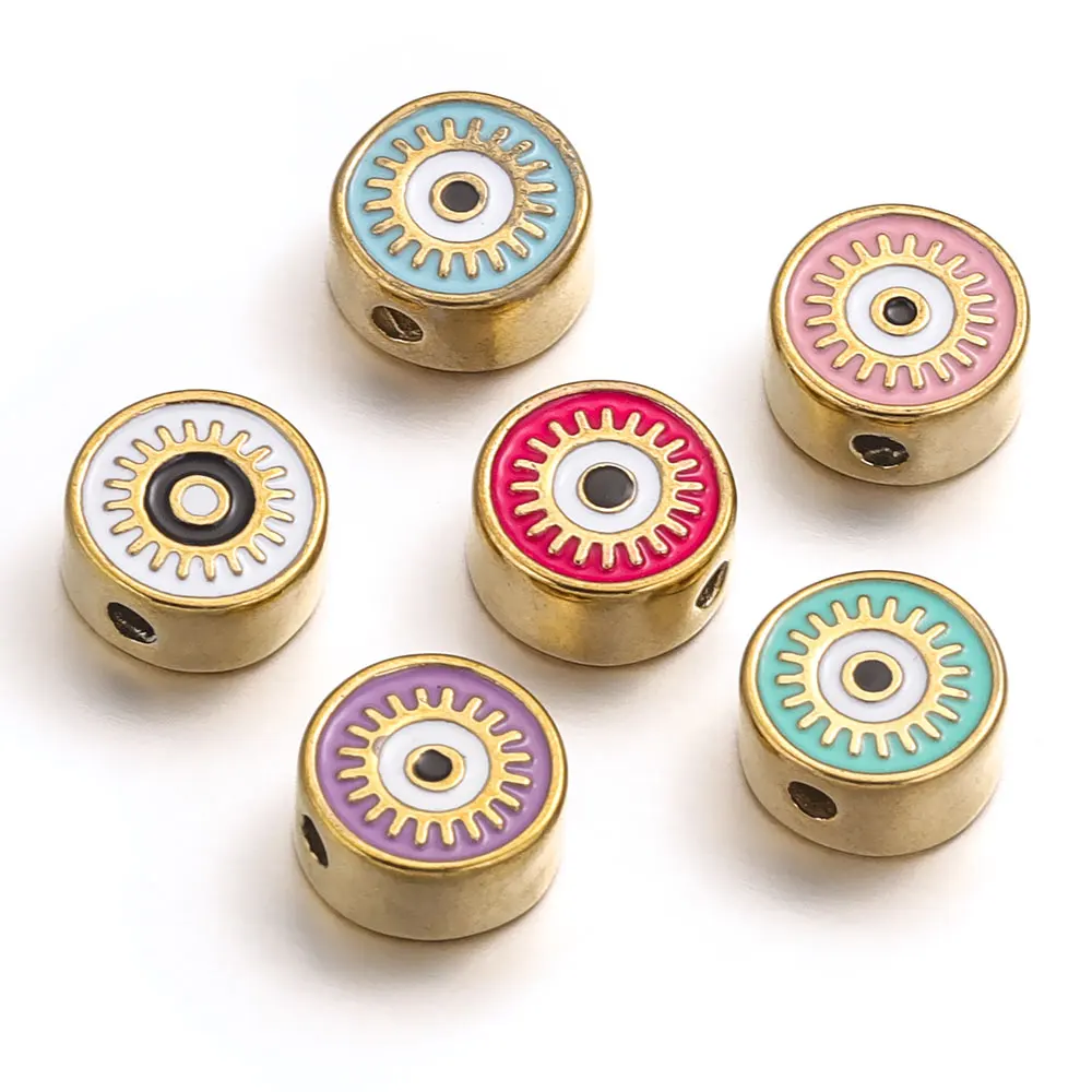 

2pcs Stainless Steel Boho Style Round Enamel Sun Eyeball Spacer Bead Necklace DIY Metal Craft Pendant Jewelry Making Supplies
