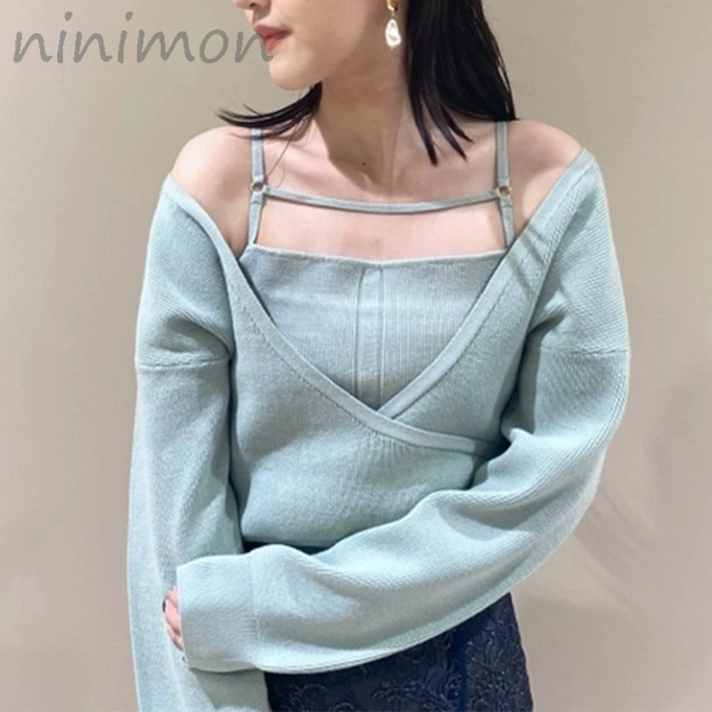 

NINIMON Strapless Knit Pullover Camisole Knit Jumper Solid Sweet Lady Temperament Fake Two Piece Knit Sweater Set Elegant Blouse