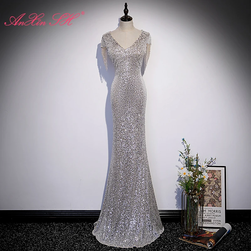 

AnXin SH princess champagne silvery sparkly lace mermaid v neck short sleeve beading crystal zipper trumpet evening dress
