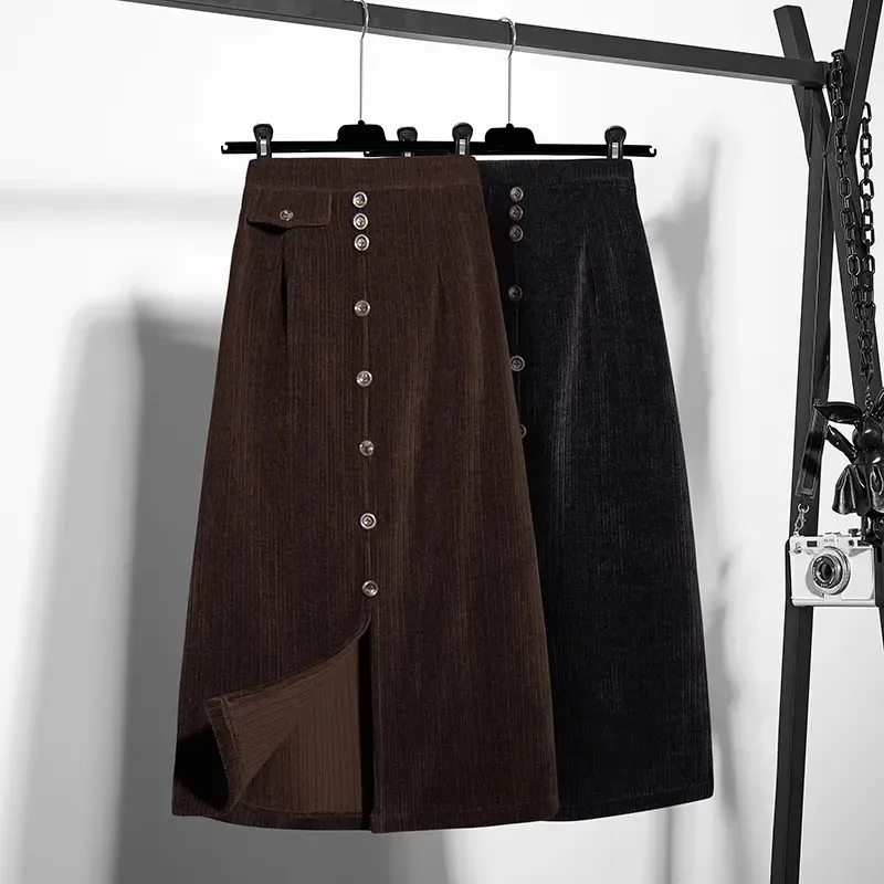 

2022 winter new women vintage corduroy skirt Fashion High Waist Slit A-line long skirts Female casual midi skirt with belt