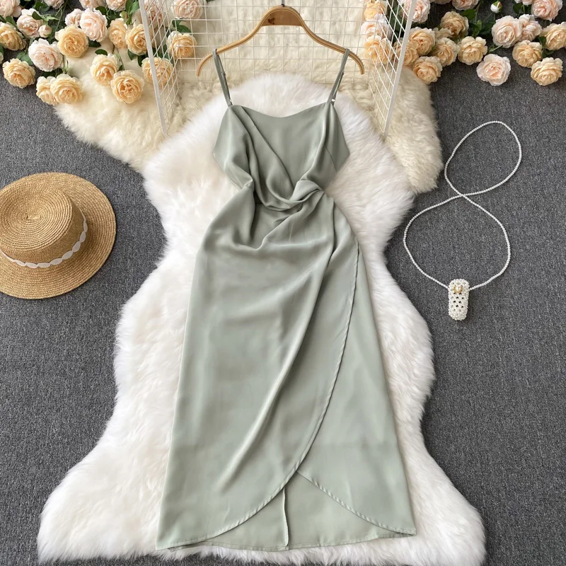 

FMFSSOM Summer Women Vintage Solid Square Collar Spaghetti Strap Dress Fashion Casual High Waist Slim Sexy Split A-Line Dresses