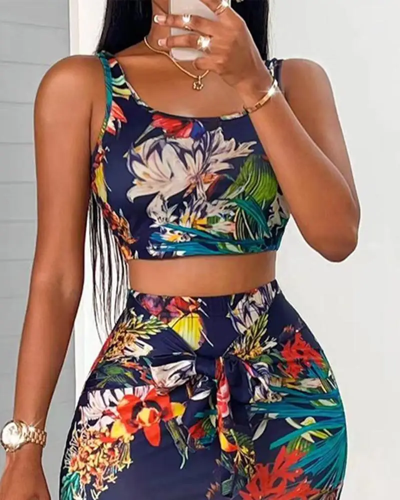 

Tropical Print Crop Tank Top & Skirt Set Women 2pcs Clothes Suit Sleeveless Camis Tanks Tops High Waist Skirt Flower Floral Sexy