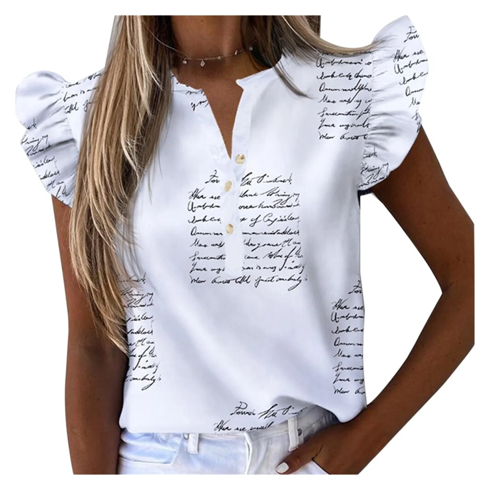 

2022NEW Casual Short Shirt V Neck Ruffle Blouse Shirt Women 2021 Summer Sleeve Casual Shirts Button Office Lady Tops Pullover