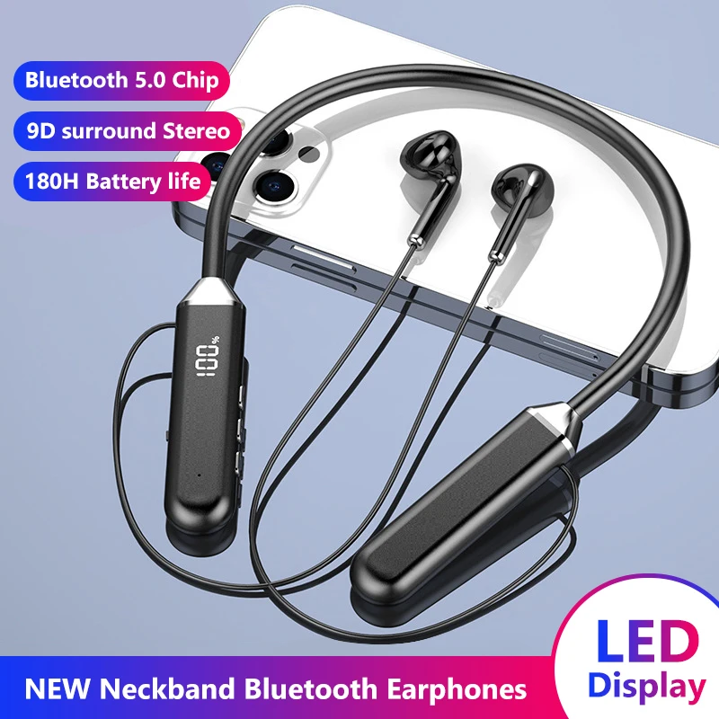 Manyetik boyuna monte Bluetooth 5.0 kablosuz kulaklıklar Led ekran uzun Stadby kulaklıklar kulakta 9d boyun bandı spor TWS kulaklık