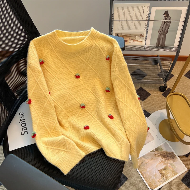 

Fashion 3D Strawberry Sweater Women Winter Long Sleeve Knit Pullover Sweaters Pink Elegant Sweet Knitwear Tops Pull Femme Jumper