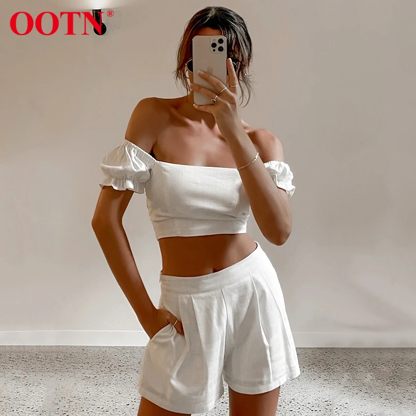 

Женский укороченный топ OOTN, белый сексуальный хлопковый льняной топ с вырезом лодочкой и пышными рукавами, комплект из 2 предметов, летние п...