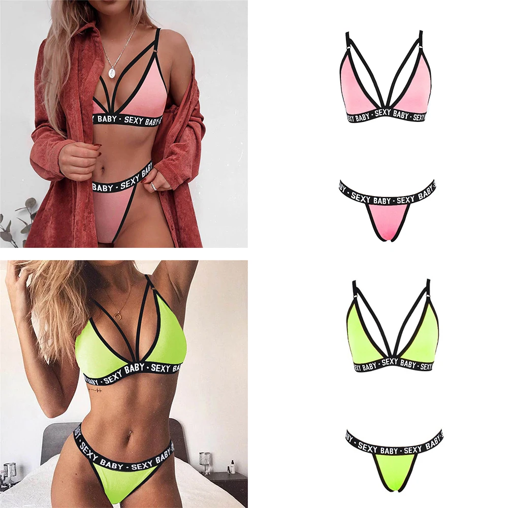 

Сексуальные женские бюстгальтеры без косточек и стринги с вырезами, комплект из топа и трусиков для девочек, очаровательное нижнее белье, с...