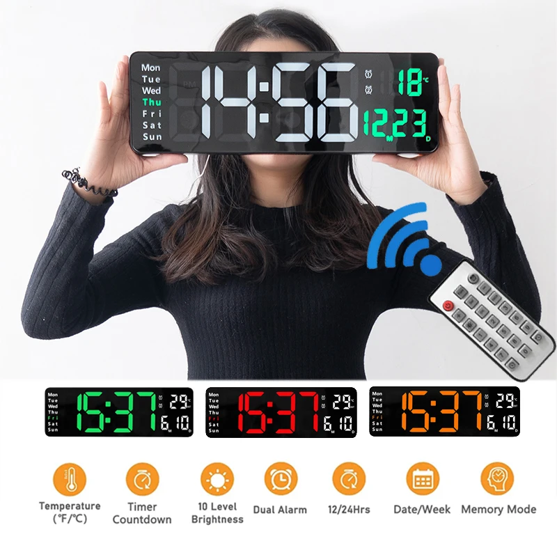 

Wall-mounted Large LED Digital Wall Clock Remote Control Temp Date Week Display Memory Table Clock Dual Electronic Alarms Clocks