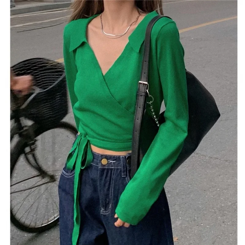 

French vintage V-neck short top high-waist knitted sweater