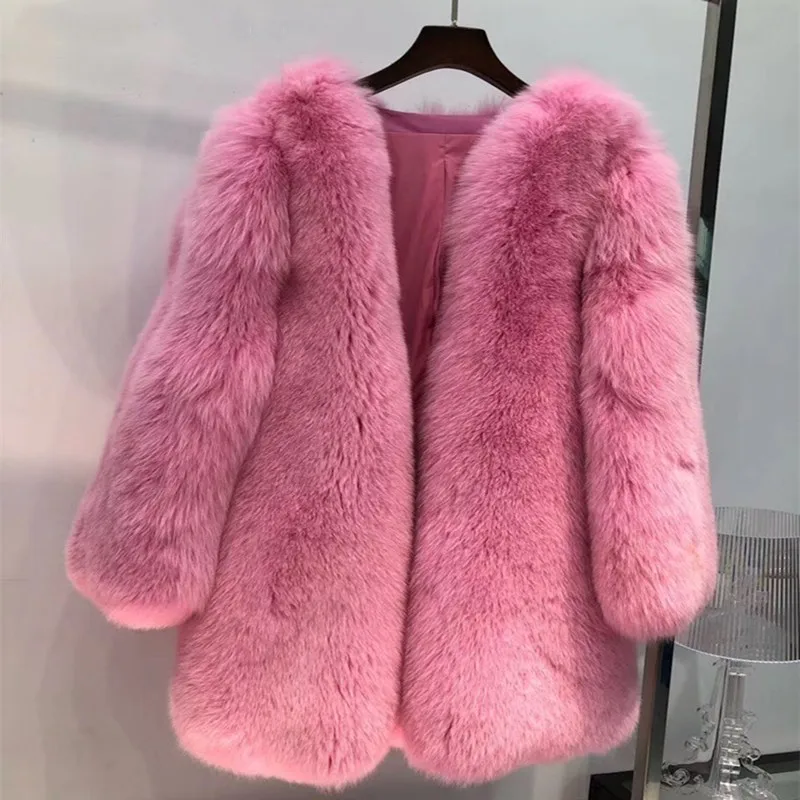 Women Real Fox Fur Coat Female Winter Thick Warm Overcoat Whole Skin 2022 Genuine Fur Jacket Pink Color Natural Fox Fur Coat
