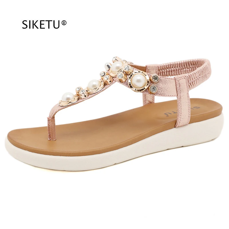 

Сандалии SIKETU женские с жемчугом, богемные туфли на плоской подошве, мягкая обувь на танкетке с эластичным ремешком, брендовые дизайнерские босоножки, шлепанцы