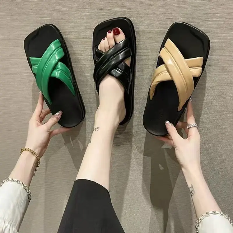 

House Slippers Platform Shoes Slides Cross-Tied Slipers Women Fashion Low Soft 2022 Luxury Flat Casual PU Rubber Leisure New