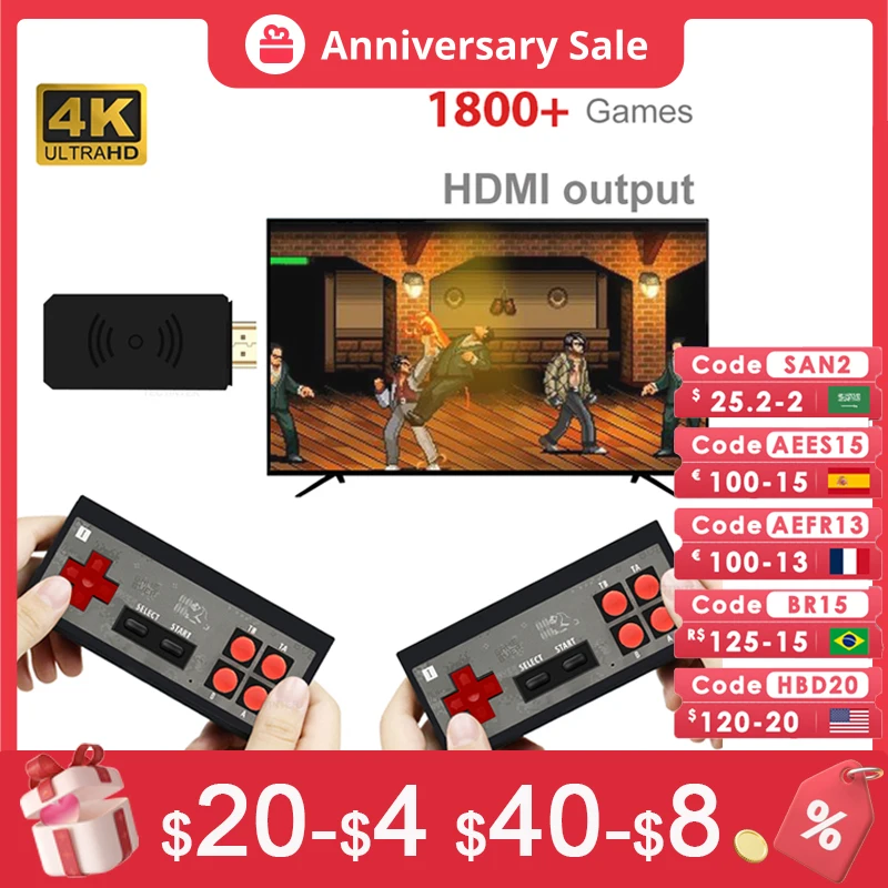 Video Game Console Handheld Game Player HDMI-Compatible Mini Game Stick Built in 1800 Classic 8 Bit Games Dual Wireless Gamepad