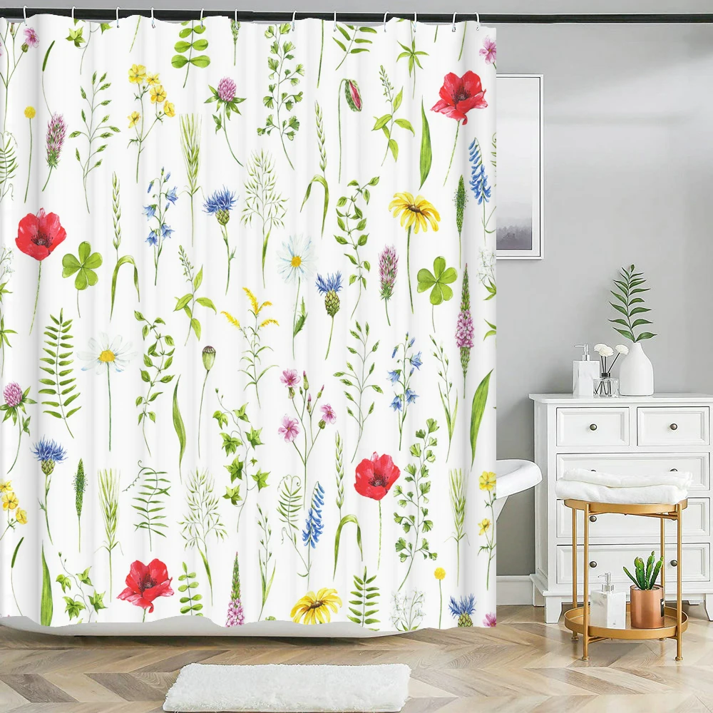

Floral Shower Curtain Spring Flower Colorful Plant Leaves Waterproof Bathroom Curtain for Bathtub Decoration with Hooks 180x200