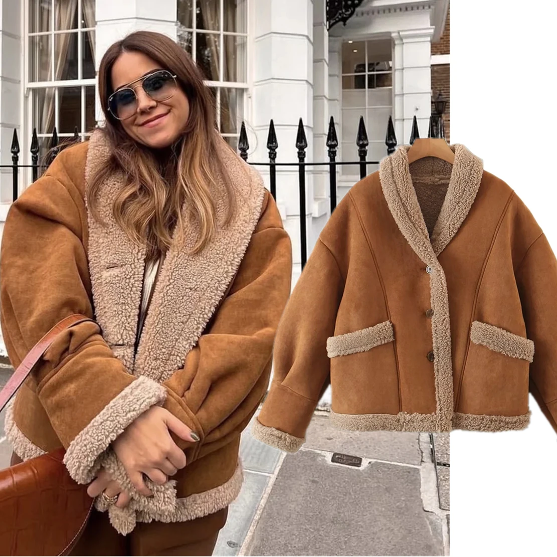 Withered 2023 Ins Fashion Vintage Brown Suede Lamb Hair Short Jacket Warm Coat Women