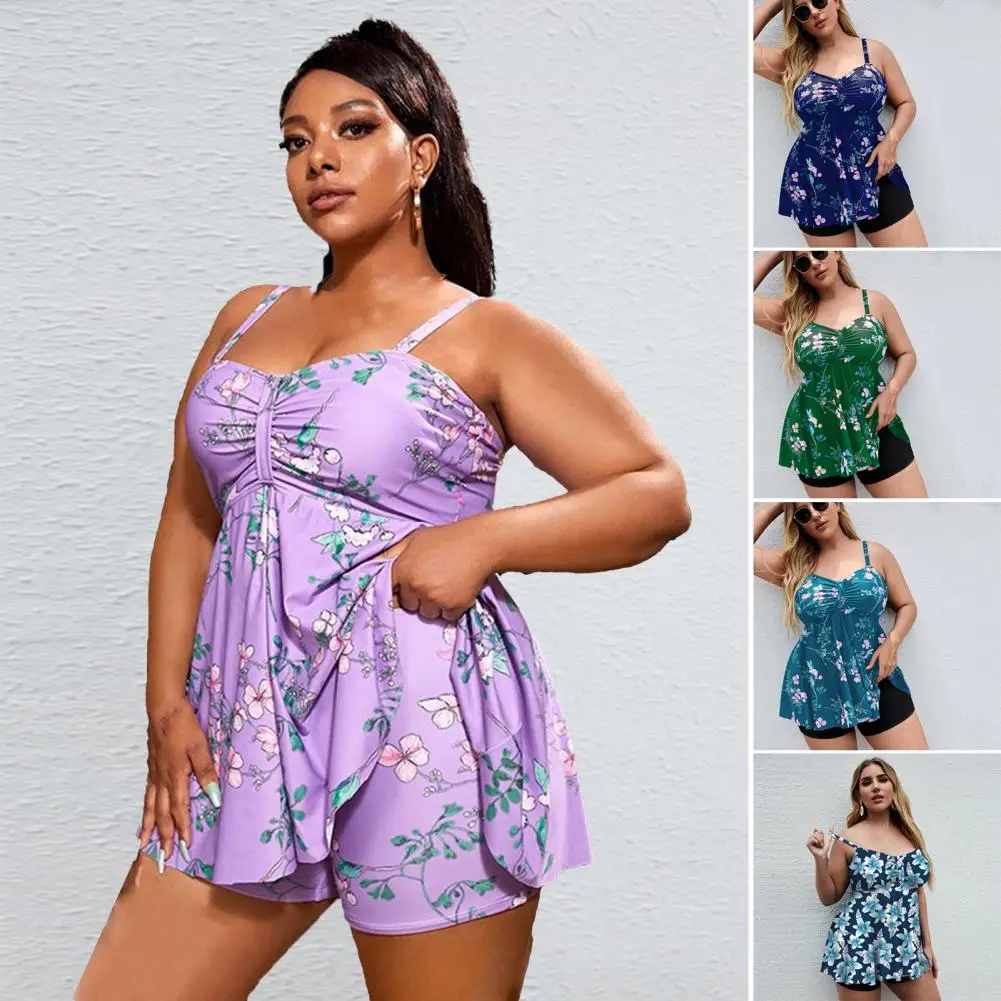 

1 Set Women's Swimsuit Suit with Chest Pad No Underwire Large Size Skin-touch Soft Pool Wearing Polyester Print Design Split Swi
