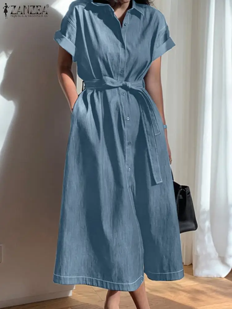 

Платье ZANZEA женское джинсовое с коротким рукавом, Модный Однотонный сарафан с отложным воротником, ТРАПЕЦИЕВИДНОЕ, в винтажном стиле, офисное, большие размеры, на лето