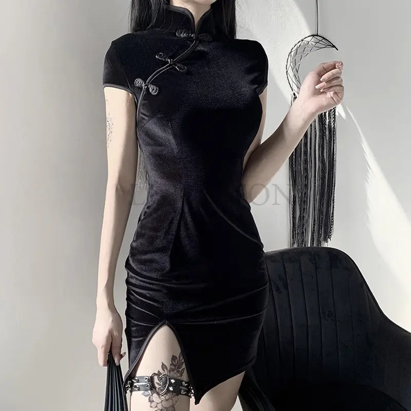 Chinese Stand Collar Gothic Dress Cheongsam Dresses Vintage Women Black Bandage Slit Hem Sexy Evening Qipao Dress Long Vestidos