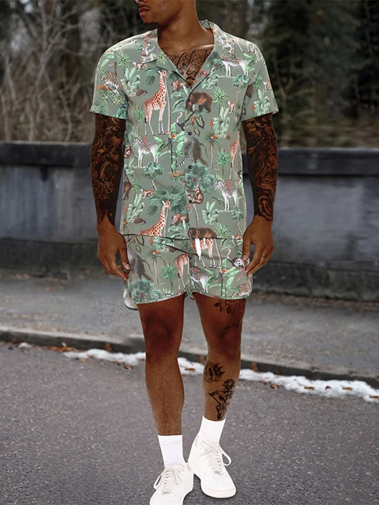 

New Fashion Animal Printing Two Piece Sets Men Beach Casual Short Sleeve Buttoned Shirts And Shorts Suits Mens Summer Outfits