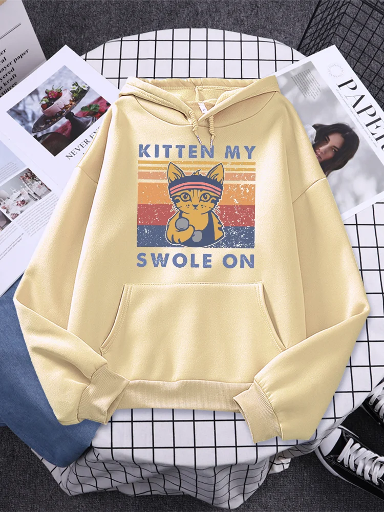 

Kitten My Swole On Kawaii Printed Womans Hoodies Vintage Warm Tops Funny Creativity O-Neck Clothes Comfortable Soft Female Hoody