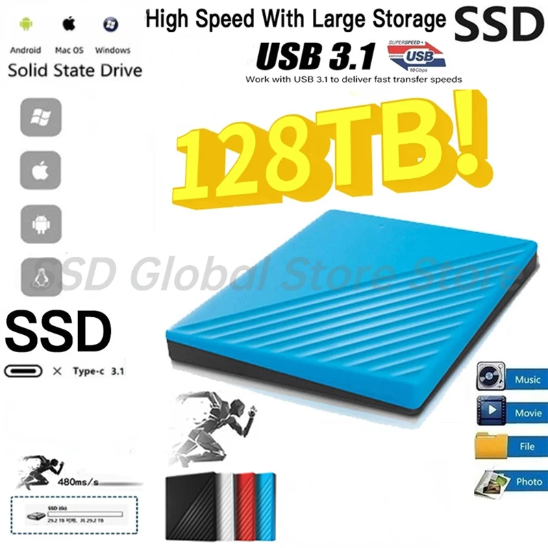 

128TB Original High-speed 1TB 2TB 4TB SSD Portable External Solid State Hard Drive USB3.0 Interface HDD Mobile For Laptop/mac