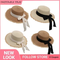ins summer hat ladies good quality fashion bowknot flat hard top hat plaid strap stiff natural wheat burrs straw sun gorros