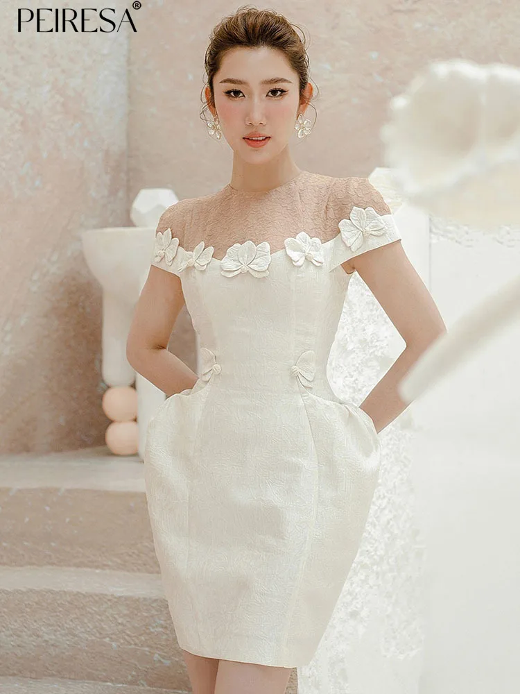 

Роскошное дизайнерское элегантное платье PEIRESA, женское облегающее мини-платье составного кроя с цветочным 3D декором, круглым вырезом и коротким рукавом