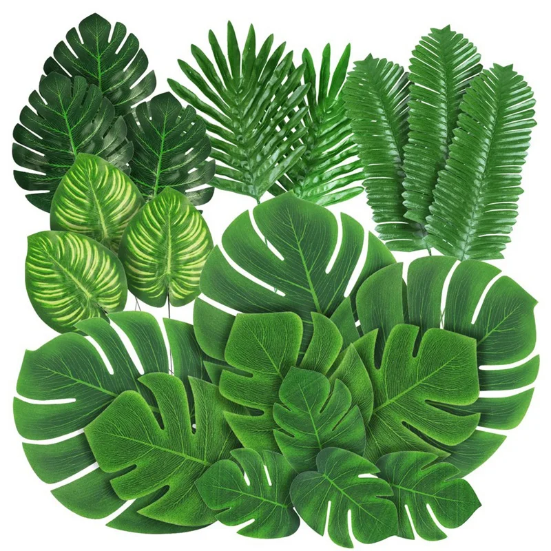 

New 92PCS Artificial Palm Leaves Tropical Fake Monstera Leaves For Safari Jungle Hawaiian Luau Party Table Decoration