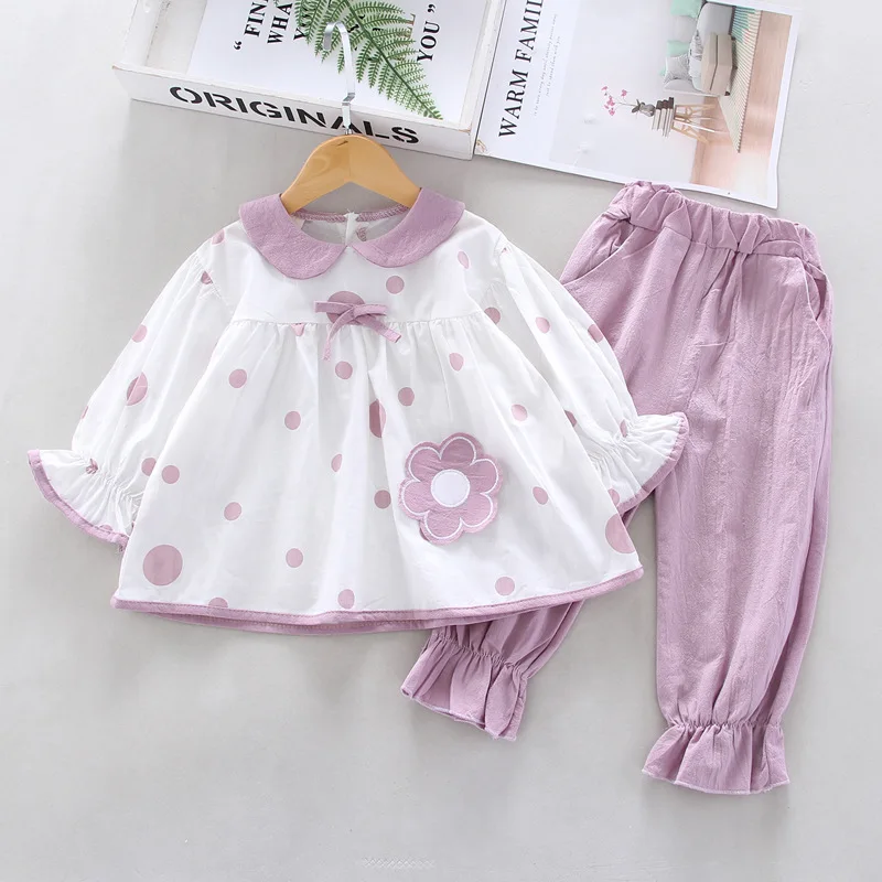 

Костюм для девочек, новинка, милая рубашка с длинным рукавом и цветочным принтом с лацканами и бабочками + брюки, комплект из двух предметов, детская одежда