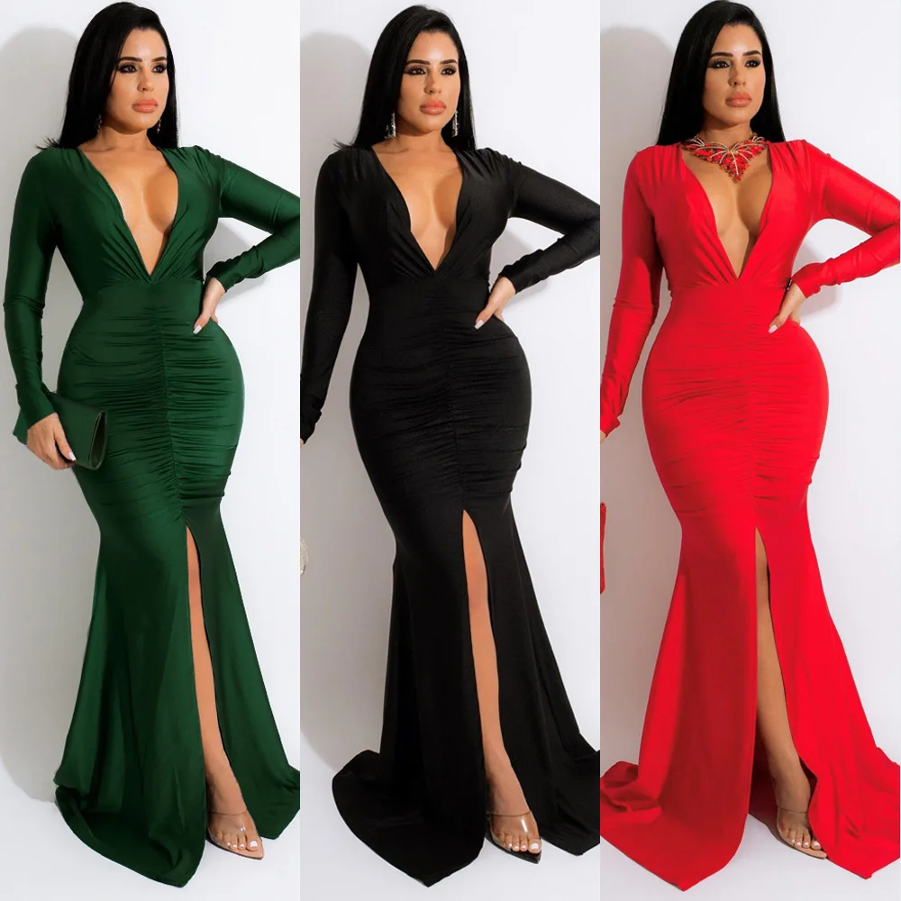 

SK2266 Women's Dress Spring Autumn Women's Sexy Party Evening Dress Solid Color Long Sleeve V-Neck Slim Long Dress Vestidos