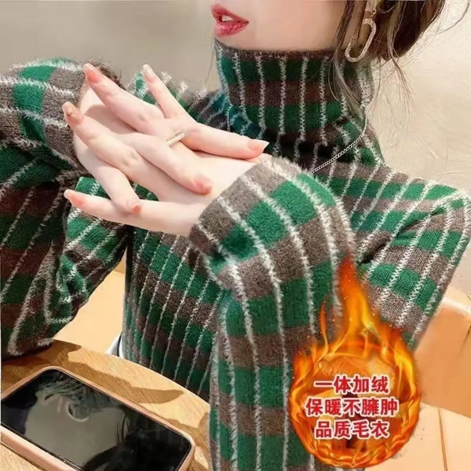 

Basic Striped Sweater Women Turtleneck Top Velvet Lined Autumn Winter Pullover Slim Elastic Bottoming Knitted Shirts Warm Jumper