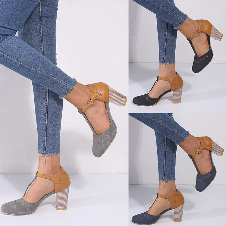 

2022 Sandals Female Shoe Large Size Block Heels New Girls Beige Closed Big Comfort Velvet Chunky High Fashion Square heel Buckle