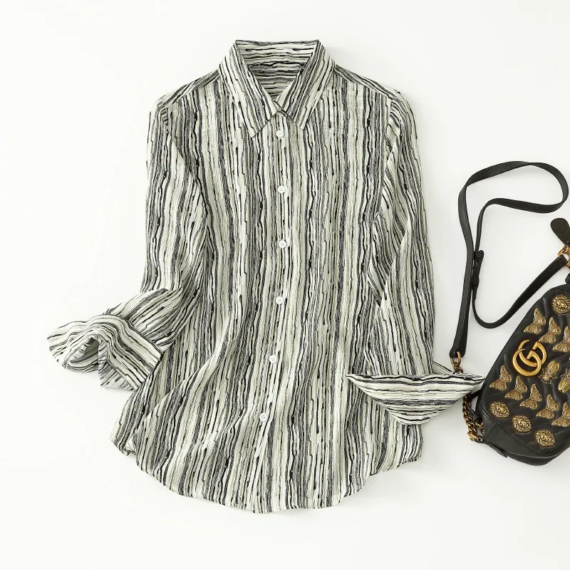 

Женская одежда в европейском и американском стиле, новинка весны 2023, лацканы с длинными рукавами, однобортная Модная шелковая рубашка в полоску с принтом