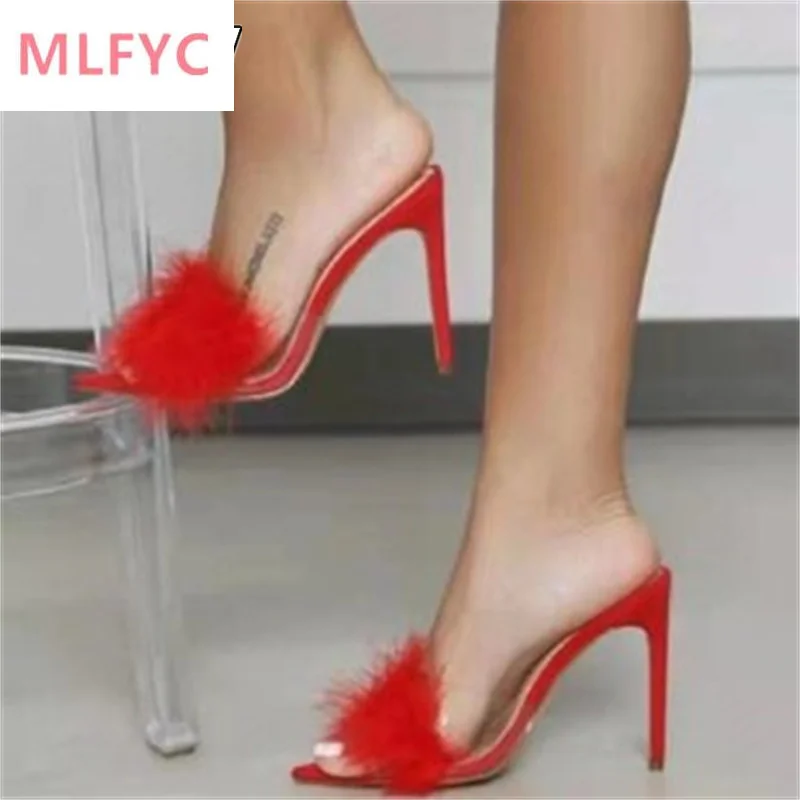 

2022 summer new pointed toe high-heeled sandals women's plus size one word open toe sexy fluffy sandals designer sandals