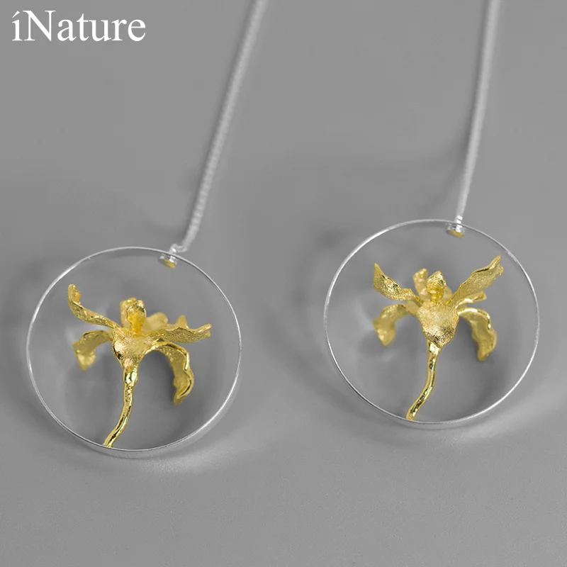 

INATURE 925 Sterling Silver Iris Flower Big Circle Threader Drop Earrings for Women Jewelry