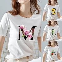 o neck white top women 2022 summer casual t shirt basic flower color letter name pattern print short sleeve tops ladies clothes
