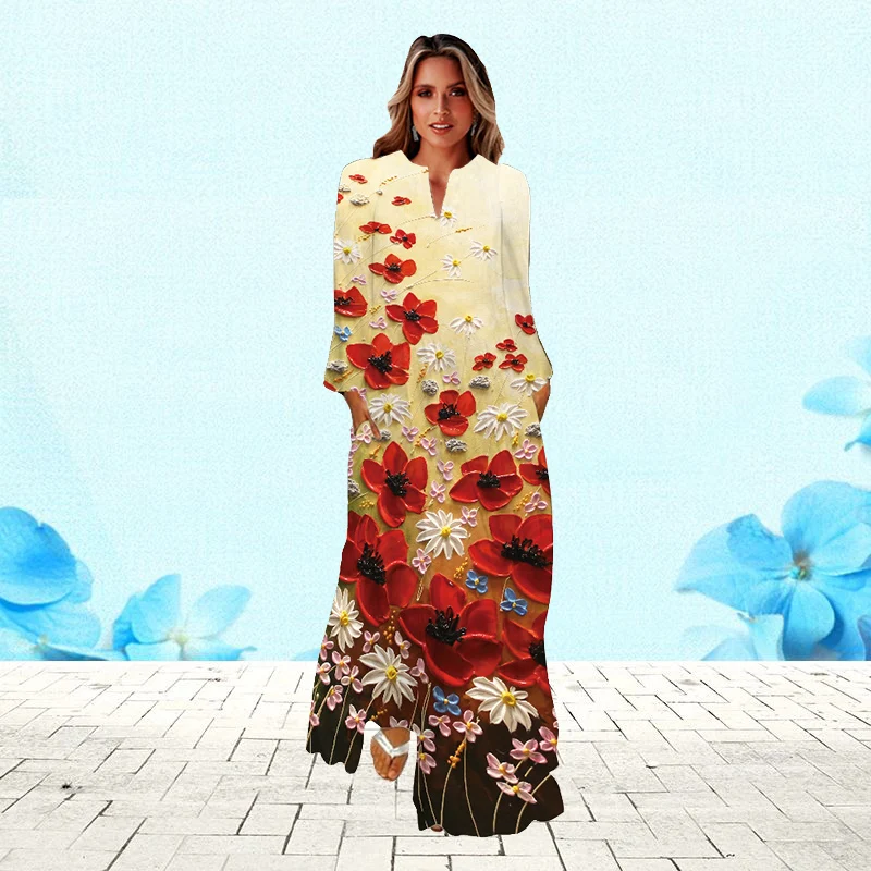 

WAYOFLOVE Ladies Autumn Winter Yellow Long Dress V-neck Long Sleeve Flowers Printed Casual Dresses Elegant Party Dress For Women