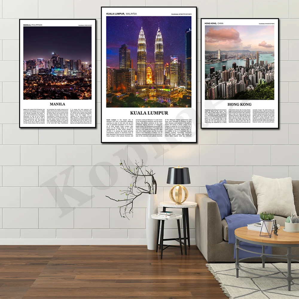 

China Hong Kong Taipei Shanghai Thailand Bangkok Phuket India Mumbai Manila Kuala Lumpur Cityscape Travel Wall Art Poster