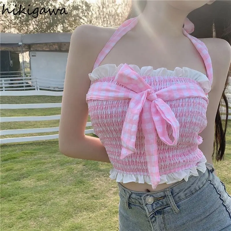 

Top Tanks Fashion Folds Korean Sexy Summer Clothing Ruffles Crop Mujer 2023 Y2k Women's Plaid Camis Sweet Bandage Ropa Bow Tops