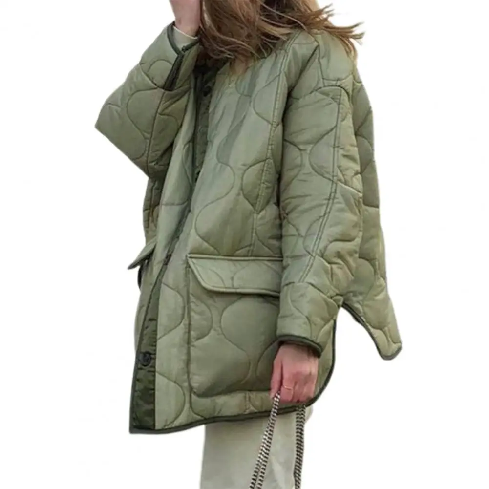 

Quilted Jacket Flap Pockets Loose Fit Round Neck Long Sleeve Lightweight Slit Jacket Outwear for Daily Wear