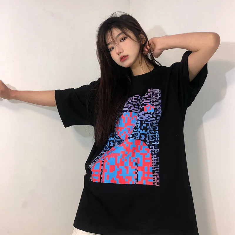 

Summer Noise Man Mosaic Printed Short Sleeve T-shirt Men and Women Japanese Style Couple Fashion Amekaji Tees Simple Tops