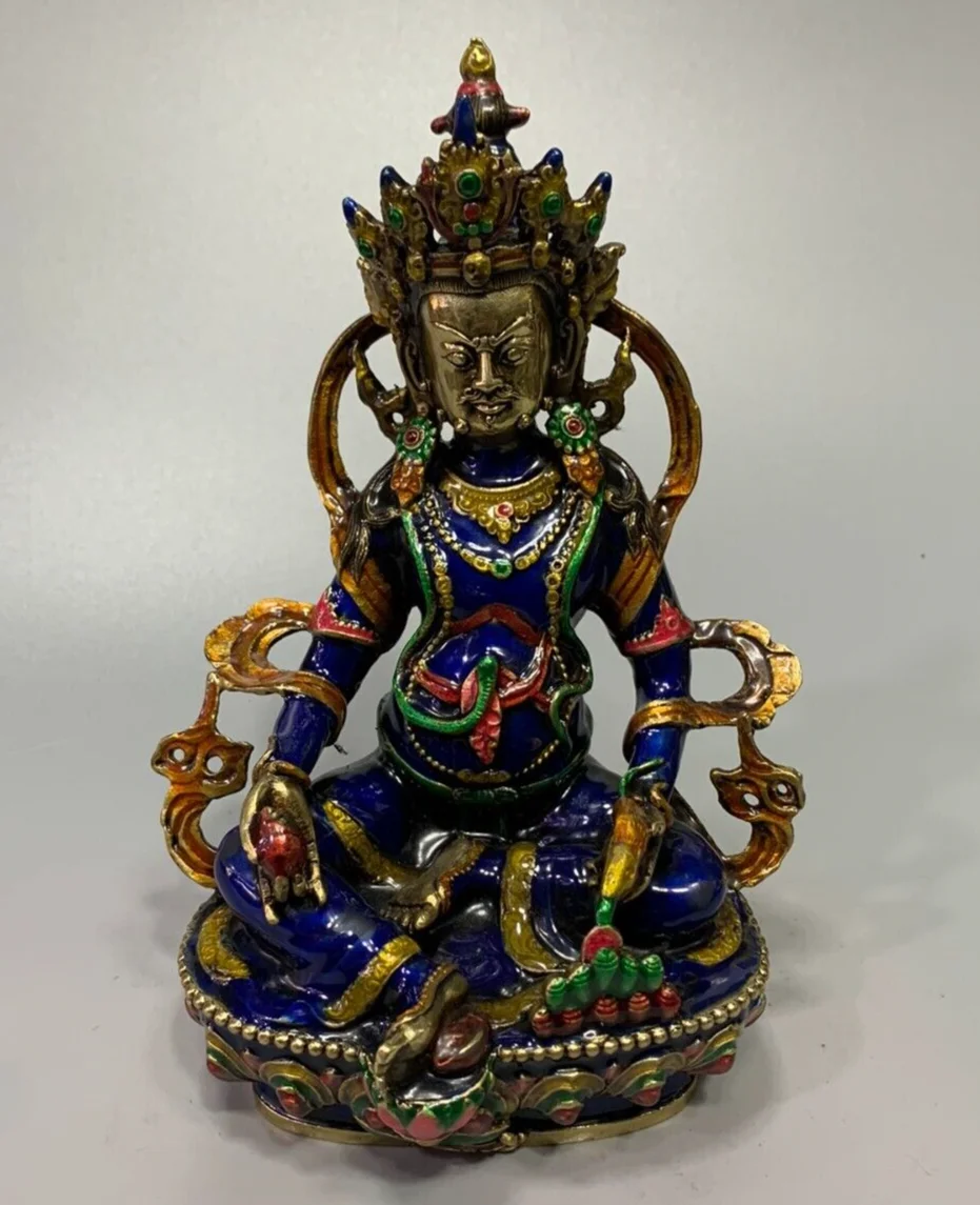 

21.5cm Exquisite Pure copper Cloisonne carved Yellow Jambhala wealth god statue