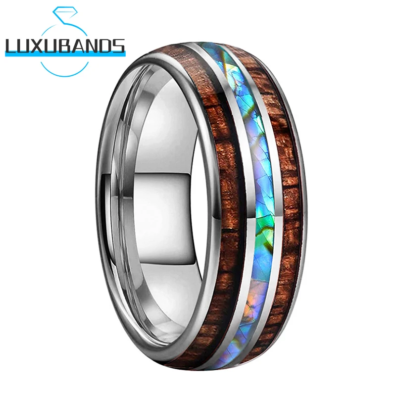 

Tungsten Wedding Ring Abalone Shell Chip Koa Wood Grooved Inlay 8mm Womens Mens Engagement Bands Polished Finish Comfort Fit
