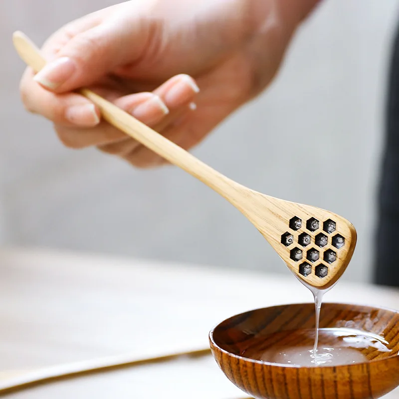 

Creative Carved Honeycomb Wooden Honey Stirring Spoon Long Handle Wooden Spoon Solid Wooden Tableware Kitchen Tools