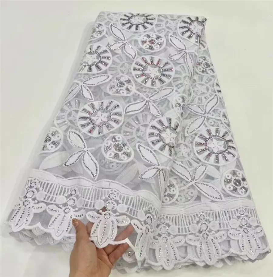 

African White Lace Fabric With Sequins French Tulle Net Cloth 5Yard Nigerian Embroidered Mesh Material Dentelle Africaine DN3